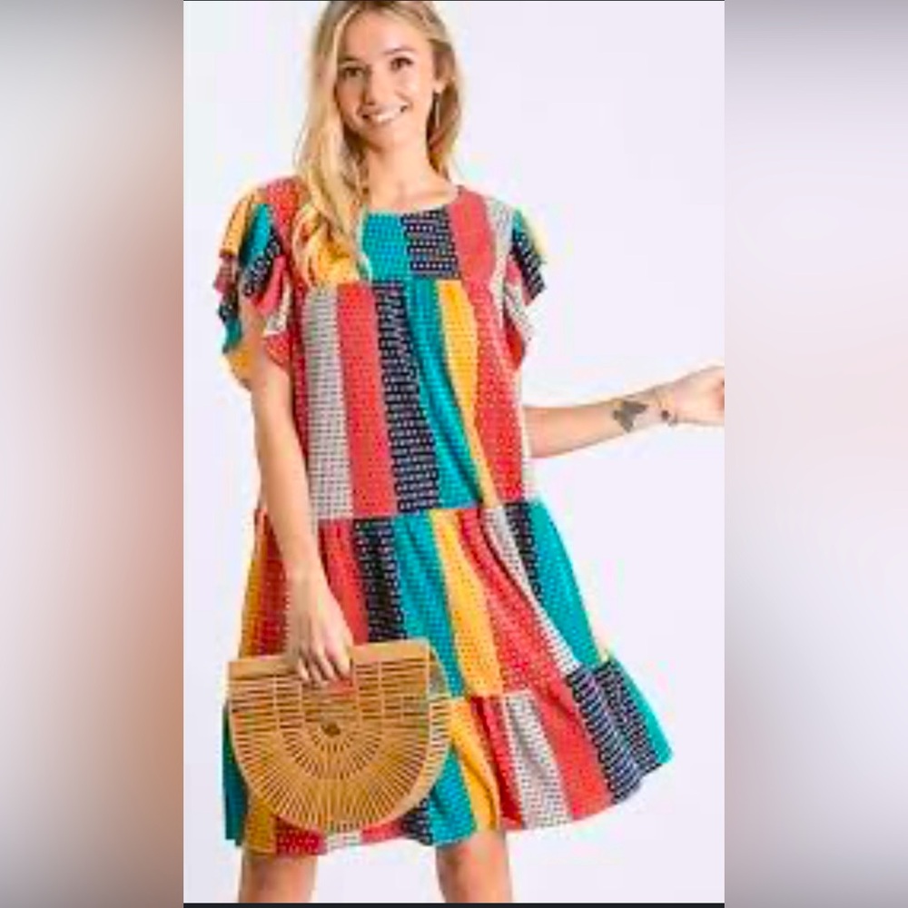 Boutique Multicolor Patchwork Ruffle Babydoll Dre… - image 1